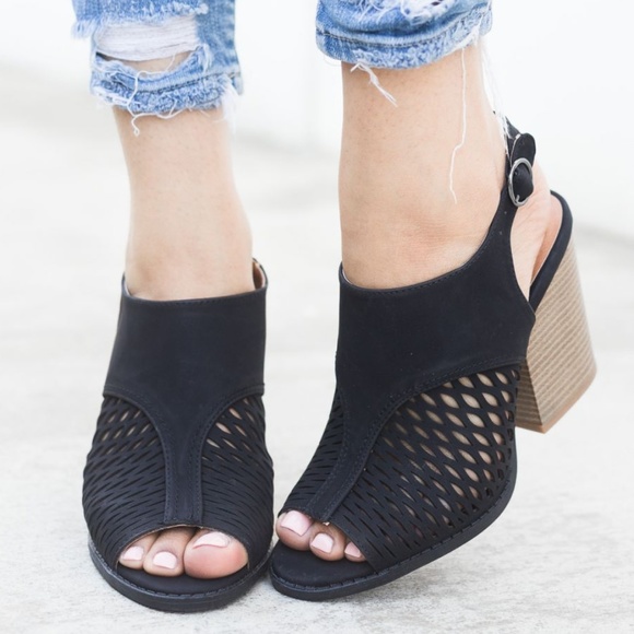 Shoes - Black Perforated Slingback Chunky Heels